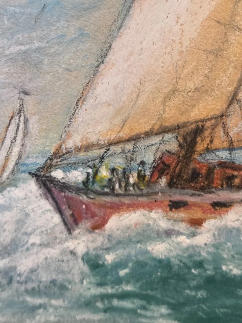 Framed pastel of nautical seascape painting featuring a sailboat 11.5